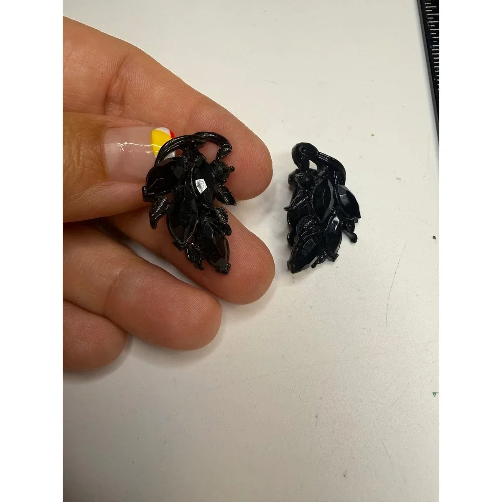 Vintage Black Rhinestone Cluster Clip On Earrings Marquise Cut Jet Black Jewelry